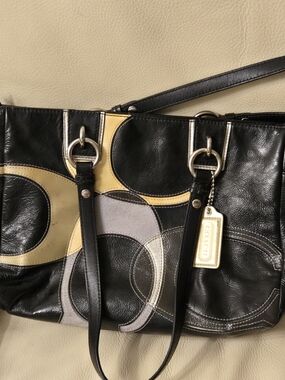Coach Black Leather Patchwork Circle Shoulder Bag with Cream Accents